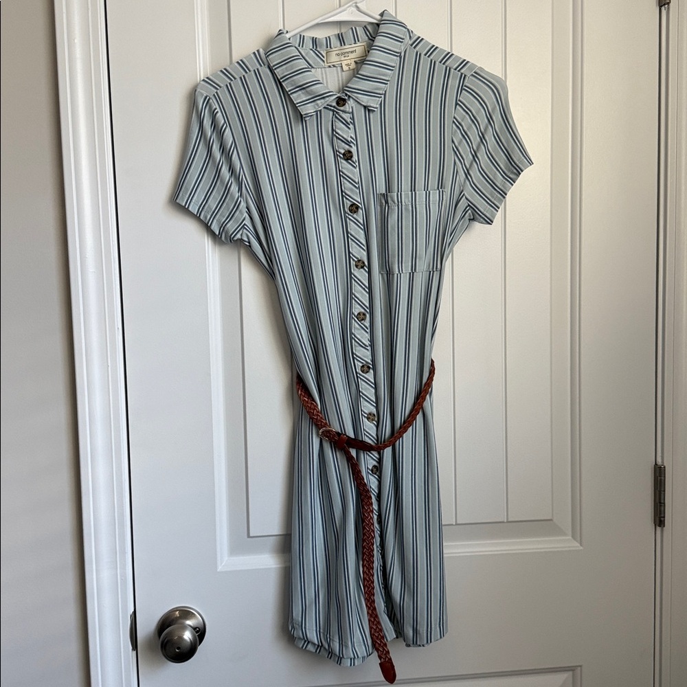 Blue and White Striped Midi Shirt Dress